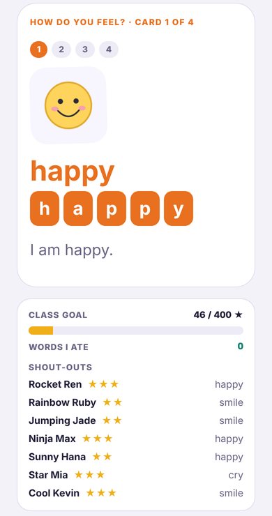 A class: Miss Bookworm and the word card happy